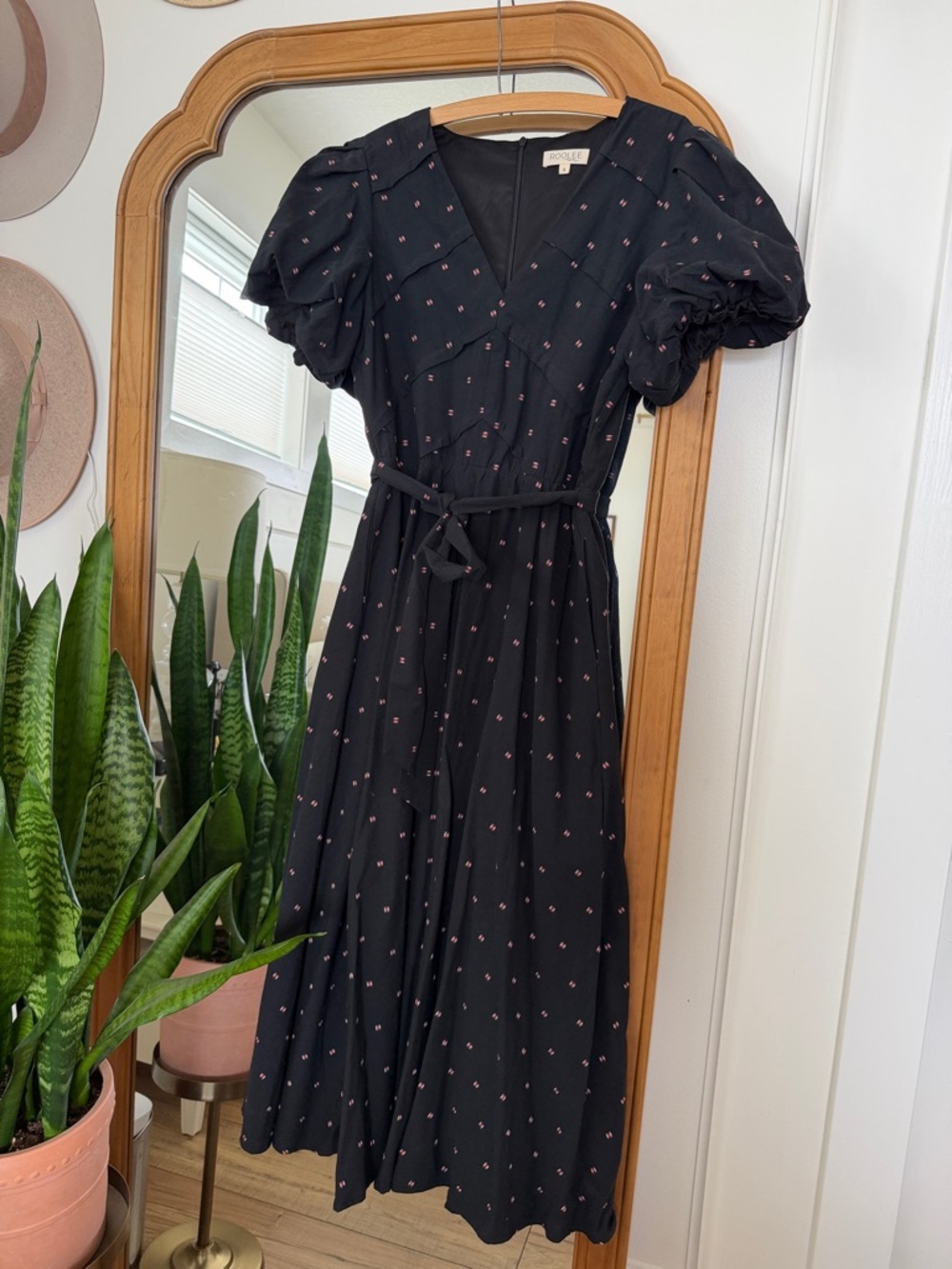 Roolee Black Puff-Sleeve Midi Dress with Dot Print